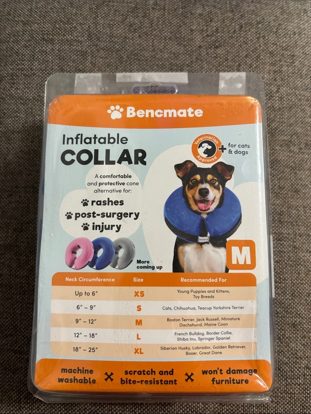 Bencmate inflatable dog collar for use after surgery, injury. Various sizes.